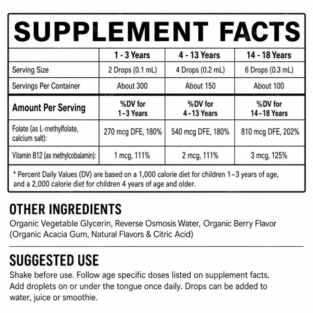 Kids L-Methylfolate 5-MTHF Drops with Methyl B12 Organic Berry Flavor Liquid Folate Supplement for Children Vegan Formula 30ml