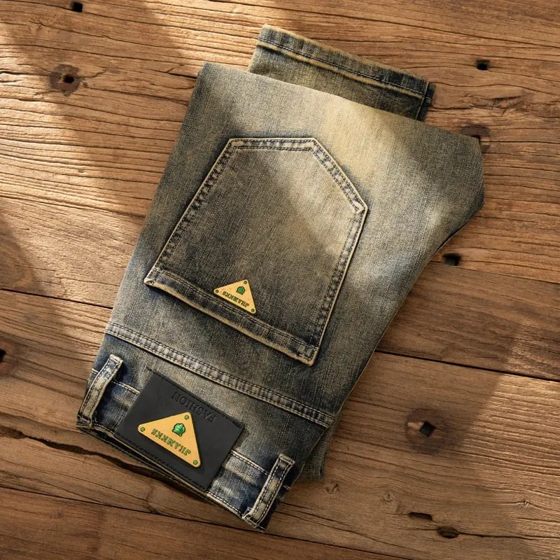 European Trendy Brand Yellow Mud Jeans Men's Retro Old Slim Fit Fashion Long Pants Autumn and Winter Thick Pants