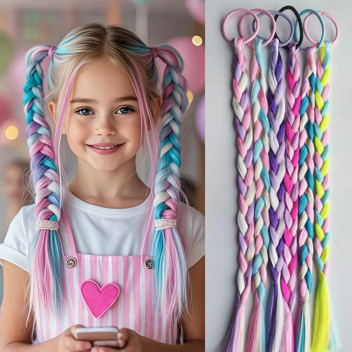 6pcs Clip in Curly Hair Extensions Rainbow Color Hairpieces with Cute Alligator Clip Bows for Girls-Great for Gifts Holidays