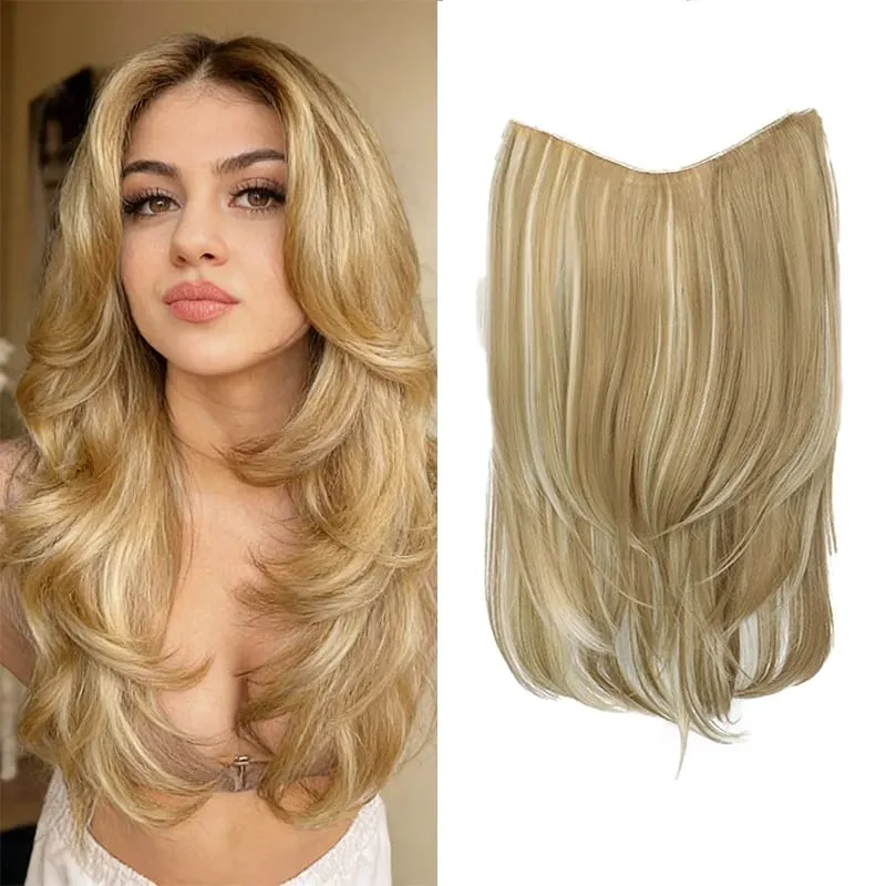 Synthetic Long Straight 22Inch Layered Clip-in Hair Extension V-shaped Black Blonde Invisible Hairpiece for Women Party Girl