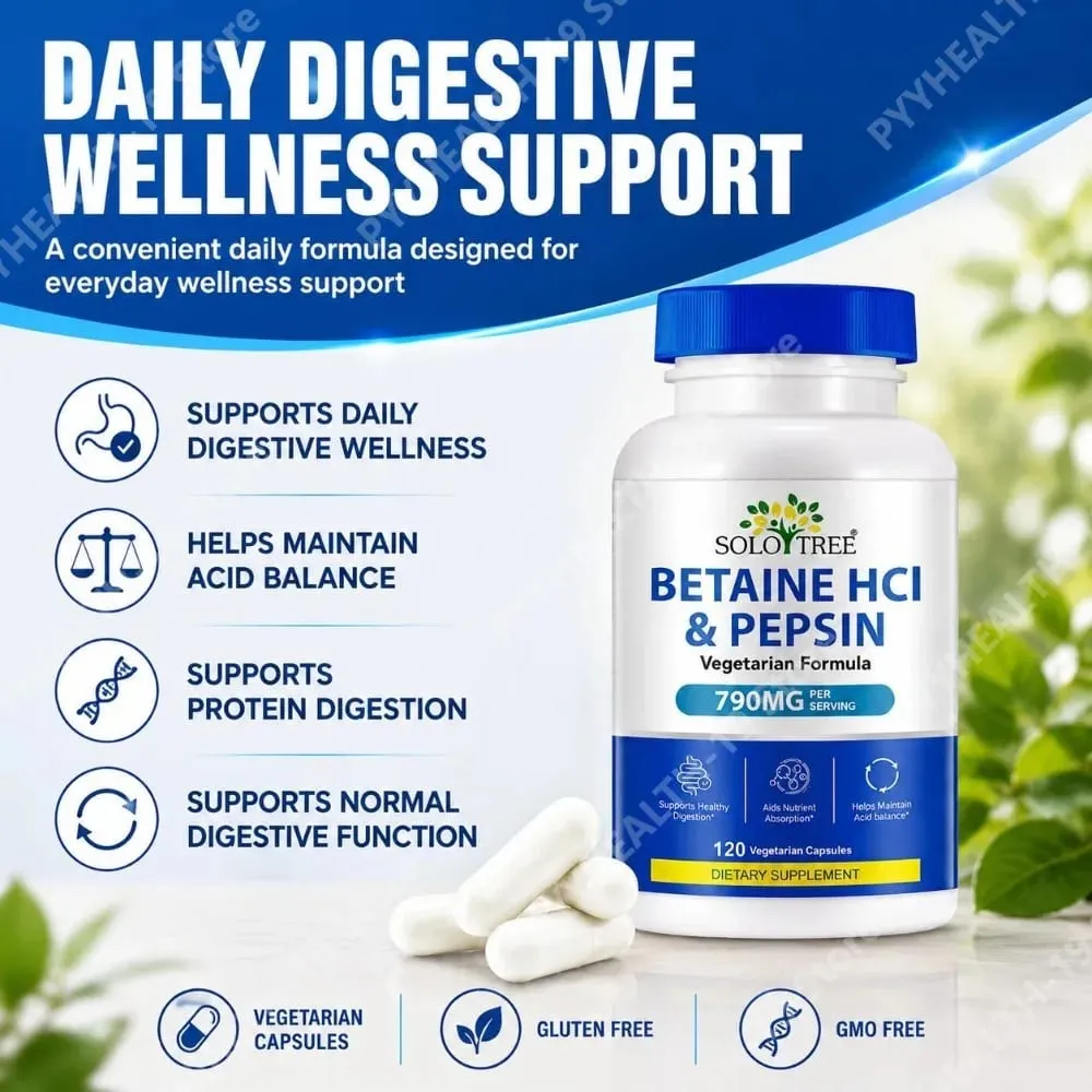 베타인 HCl 펩신 캡슐 790mg 소화 산성 균형 및 영양소 흡수 지원을 위한 채식주의자 성인 120개