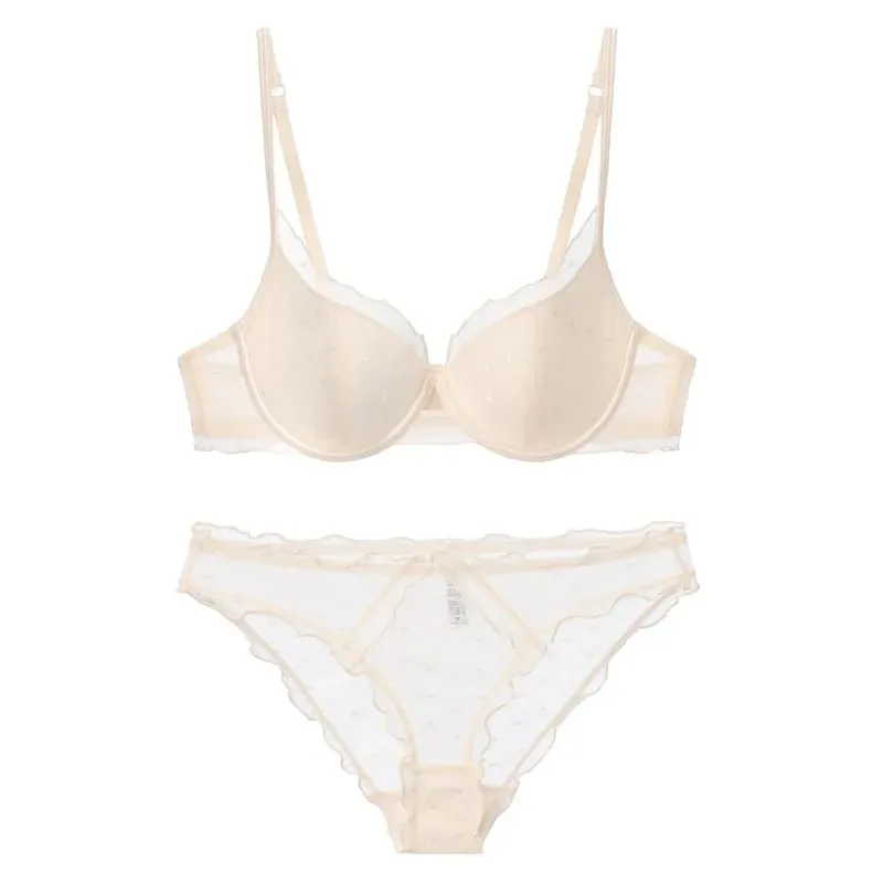 French Lace Polka Dot Bra Two-Piece Set Small Chest Gathering and Lifting Anti-Sagging Side Breast Collecting Lingerie Set