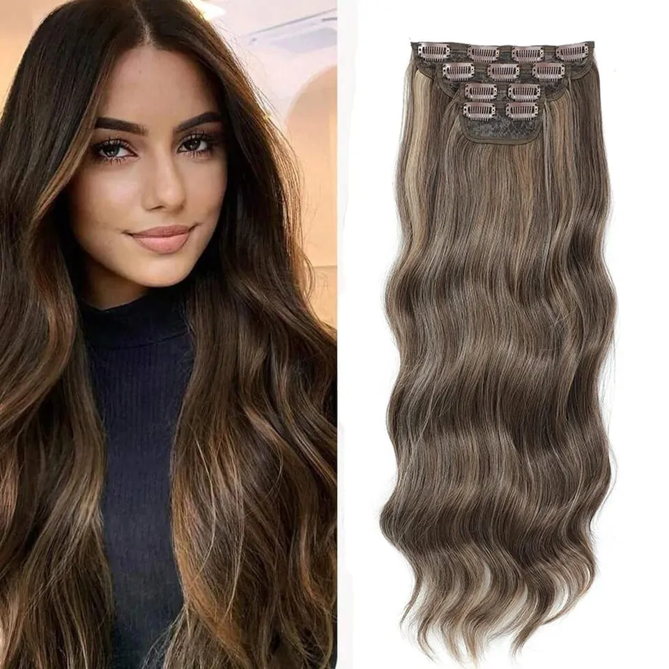 Ombre Clip Ins Synthetic Hair Extensions High Temperature Fiber Body Wave Brown 11 Clip Ins Daily Use Hair Piece Extensions
