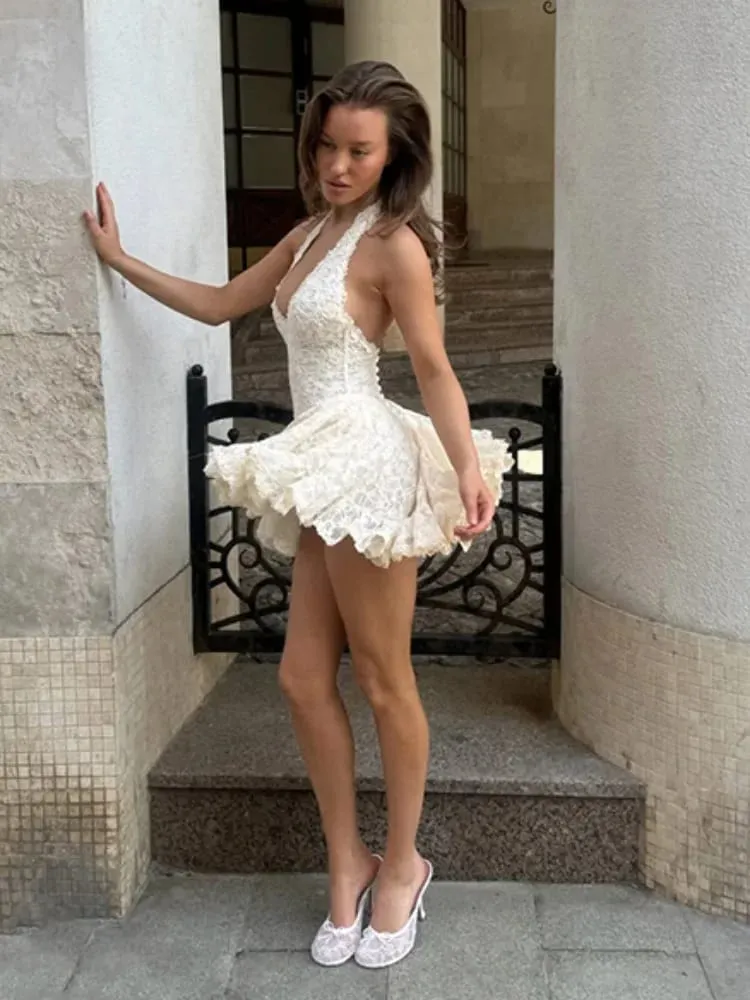 Hot Sweetheart Deep V Neck Halter Short Dress Lace Backless Waist Cinched Slim Vestidos 2026 Summer Beach Vacation Date Dresses