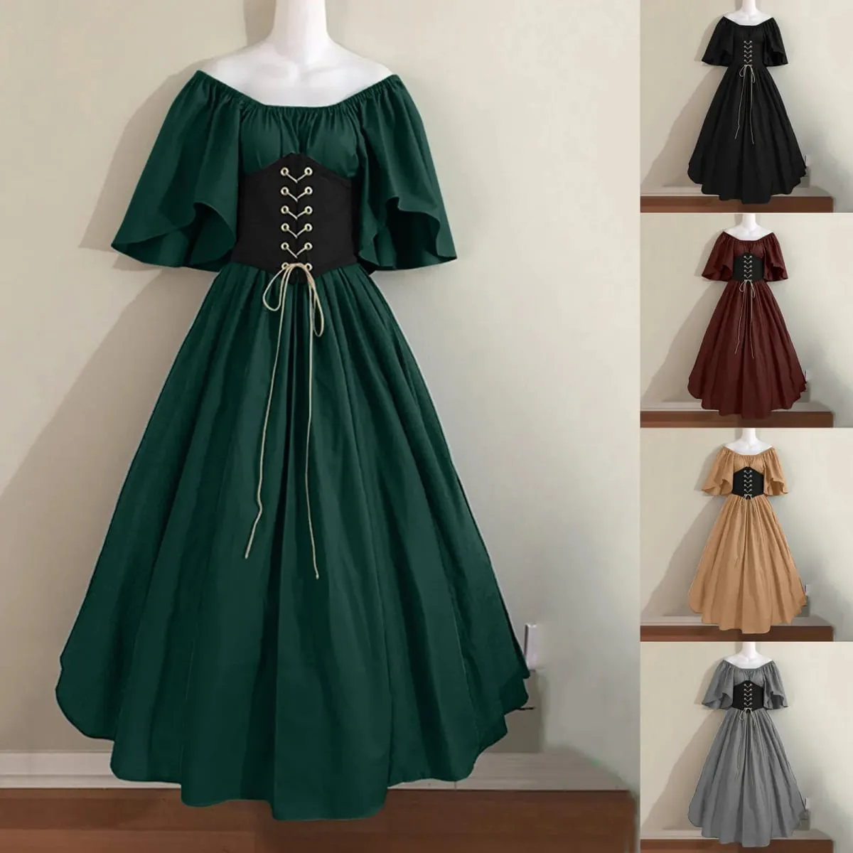intage Women Dress Short Sleeves Lace-up Patchwork Long Dress Medievals Victoria Princess Cosplay Dresses Retro Party Vestidos