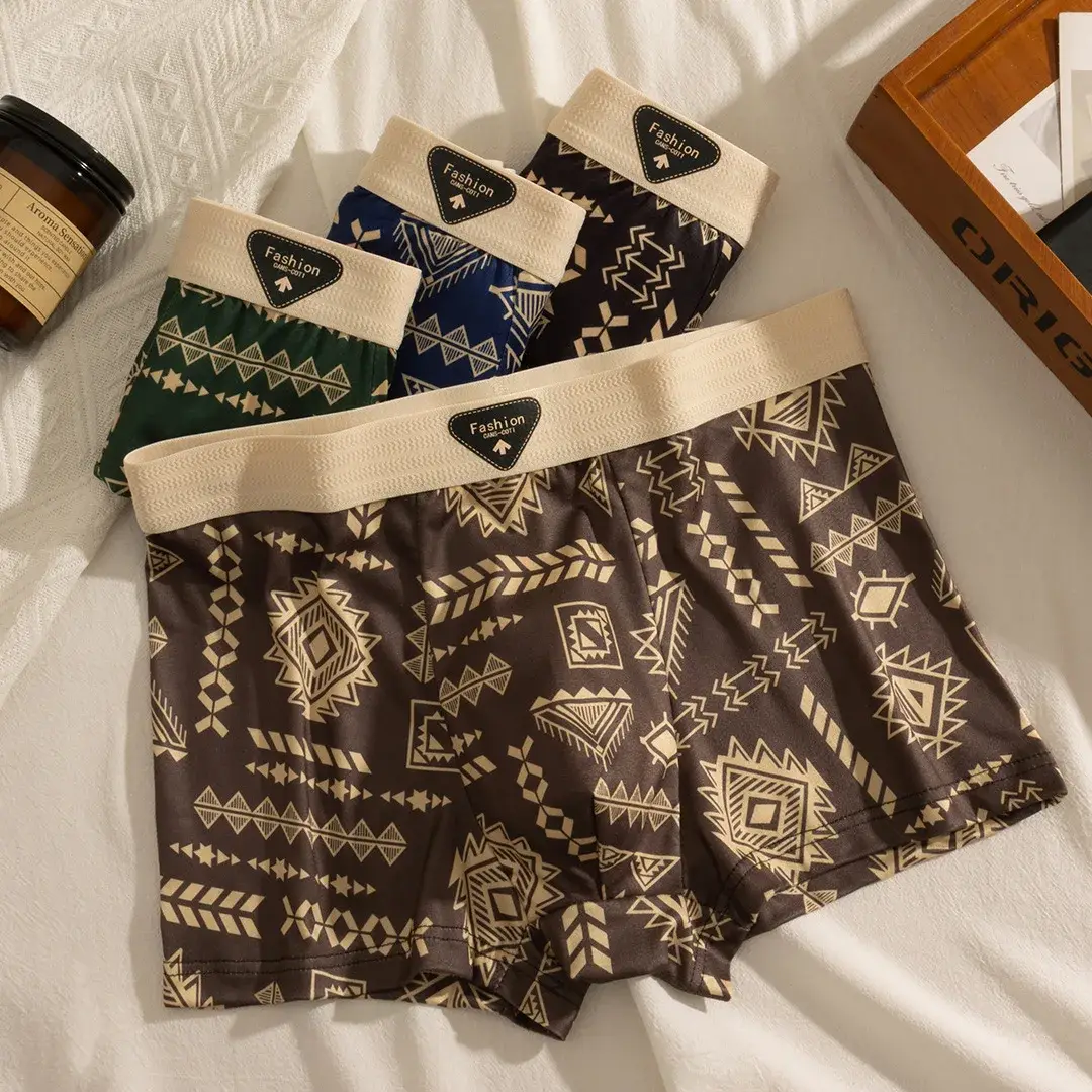 Erkek Boxer Retro Etnik Tarzı Rahat Pürüzsüz Kumaş Külot Vintage Baskı Elastik Iç Çamaşırı Erkek Iç Çamaşırı Düz ​​Külot