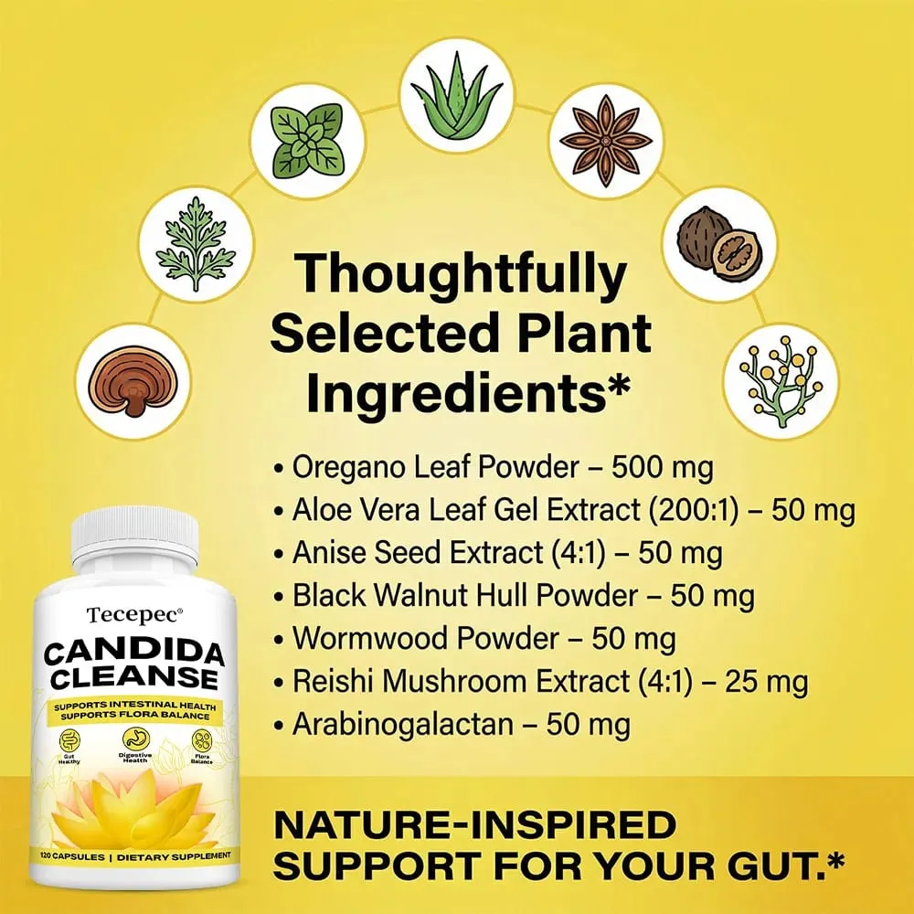 Candida Cleanse Capsules – Détox du côlon intestinal, équilibre de la flore intestinale, favorise la digestion, soulage les ballonnements, supplément antioxydant