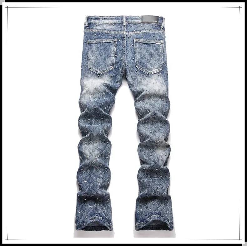 Men's Y2K Hip-hop Jeans American Retro Washed Blue Denim Pants Diamond Pattern Rivets Streetwear Slim Fit Party Male Trousers