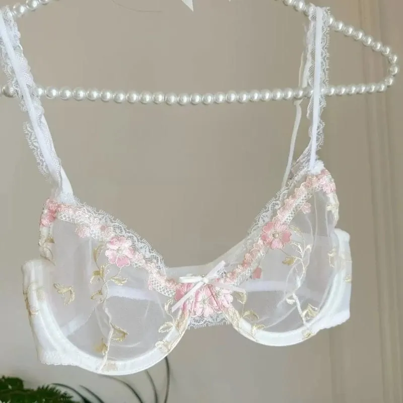 Women White French Lace Underwear Set Floral Embroidery Mesh Push‑Up Bra Kit Plus Size Soft Comfort Intimate Outfit