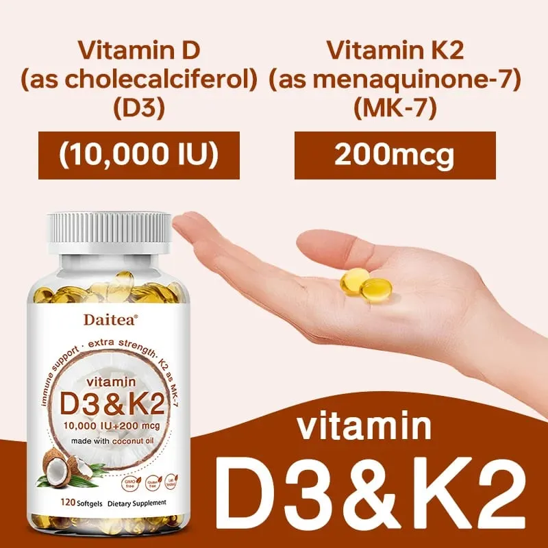 2-in-1 Vitamin D3 K2 Supplement Softgel 10000 IU VIT D3 + 200 MCG Vitamin K2 Support Calcium Absorption in Bones