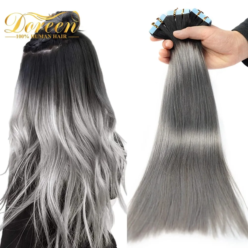 Doreen Châu Âu 100% Tóc Thật Của Con Người Băng Trong Phần Mở Rộng 16 Đến 24 50G 2.5G/cáiOmbre Đen Bạc xám Tóc PU Liền Mạch Băng Ins