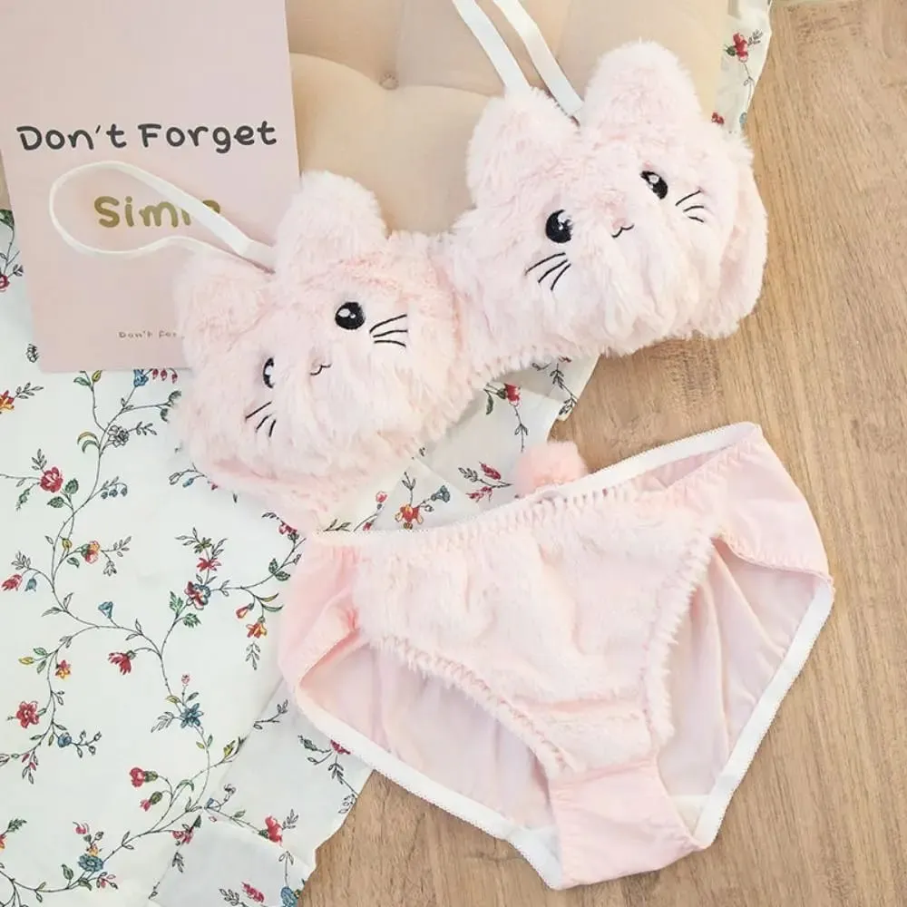 Cute Women Lingerie Set Wire-Free Cartoon Cat Winter Bra & Brief Sets Soft Girl Warm Underwear Panties Suit Winter