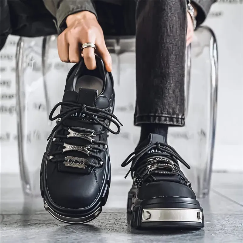 Shoes for Men Metal Punk Platform Sneakers Fashion Designer Brand Thick Soled Board Shoes Clunky Leather Shoes Zapatos De Hombre