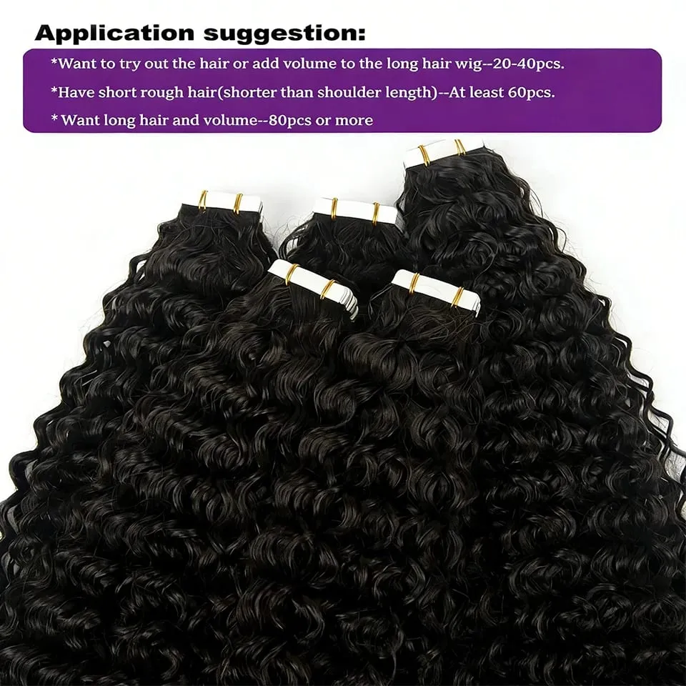 Tape in Hair Extensions Human Hair Deep Wave Brazilian 100% Curly Adhesive Tape in Extensions Human Hair Natural Black For Women