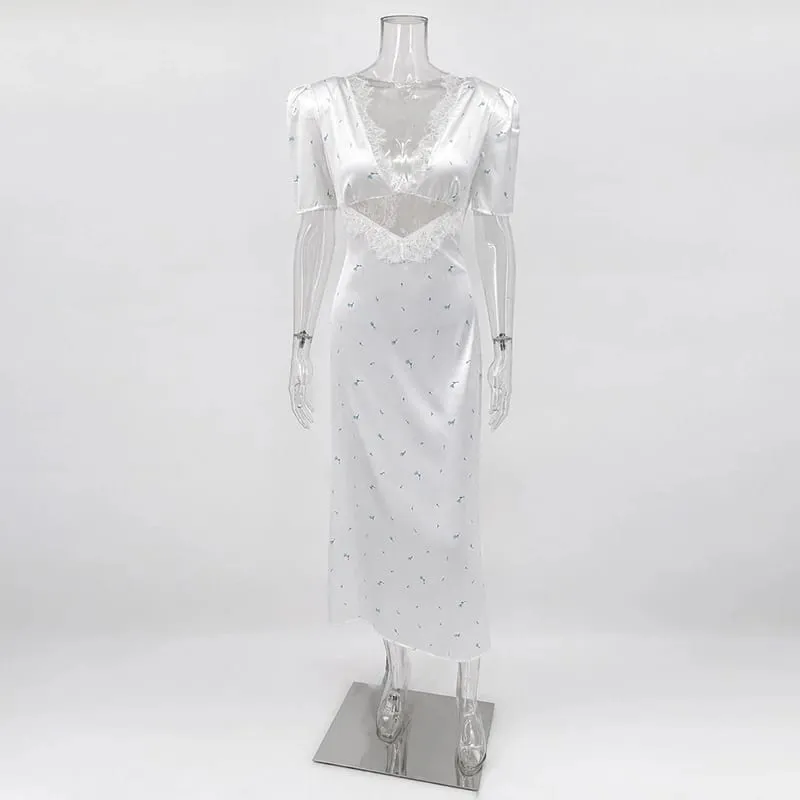 Sexy Hollow Lace Dress Women's Fashion Short Sleeve Elegant High Waist Slim Print Dress Summer Party Club Clothes Female
