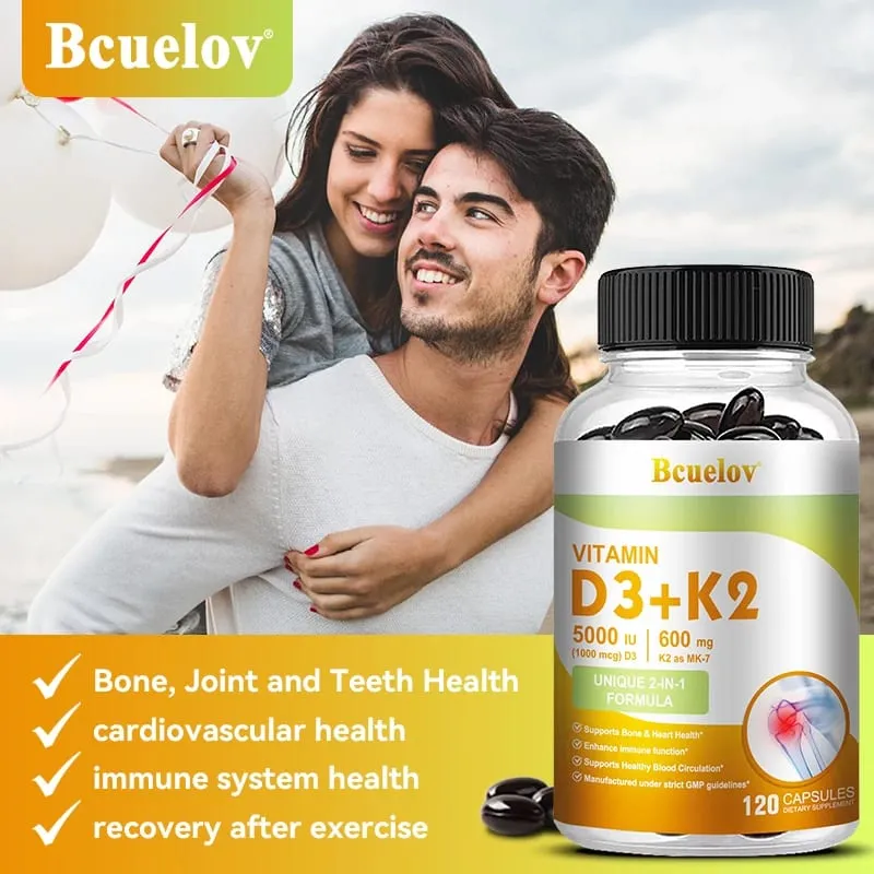 Bcuelov Vitamin D3+K2 5000 IU Vitamin D3 formula bukan GMO yang mudah ditelan vitamin D dan K kompleks makanan tambahan