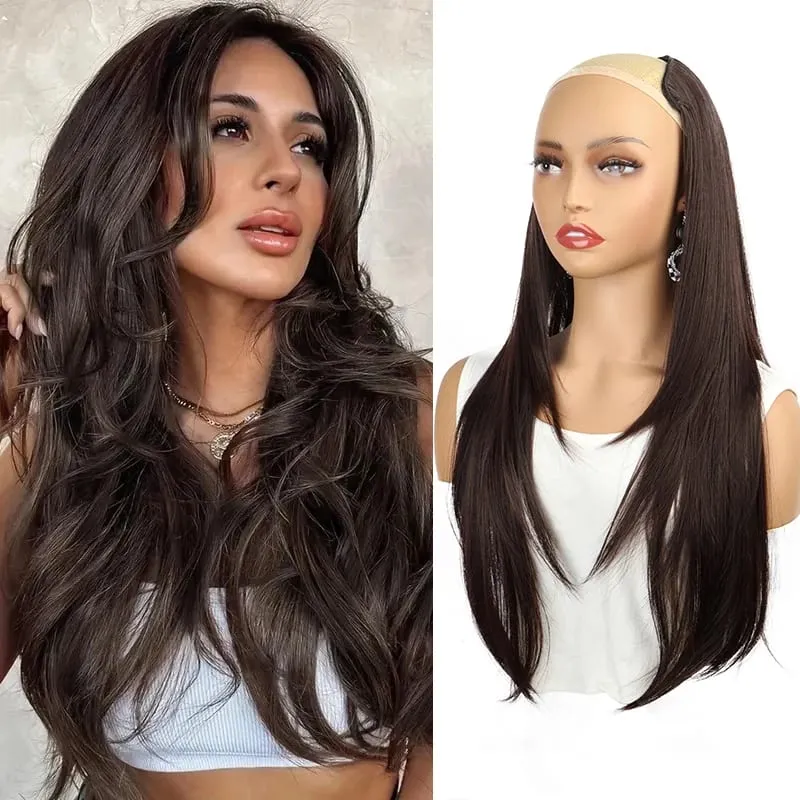 22Inch Synthetic V-Shaped Long Layered Straight Hair Extensions Invisible Increase Volume Fashion Lazy Hairstyle for Women