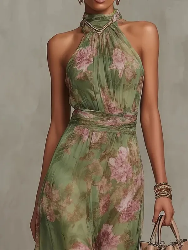 Fashion Sleeveless High Neck Ruched Waist Chiffon Flowy Evening Party Dress 2026 New Women Floral Print Halter Maxi Dress