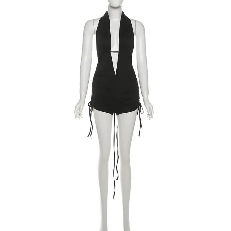SylCue Sexy Fashion Bodysuit Woman Halter Open Collar Cleavage Sleeveless Shirring Skinny Stretch High Street Style Folds Tops