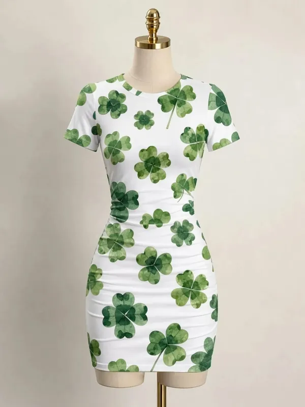 Kortærmet Dame Bodycon Minikjole Slim Fit Rundhals Blomsterprint Afslappet sommerfest Let flatterende festsolkjole