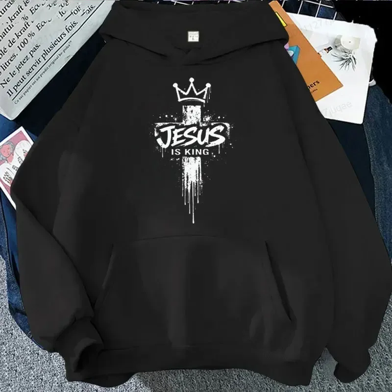 Jesus Is King Graphic Hoodies for Men Cross Crown Print Sweatshirts Christian Faith Casual Tracksuits Religious Street Tops Gift