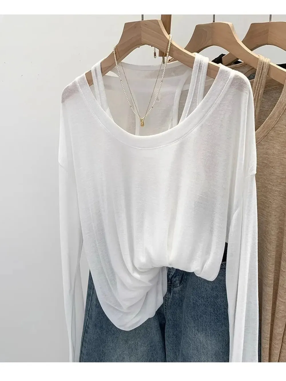 New Loose Fit Long Sleeve Tops Set Casual Sun Protective Two Piece Set Thin Sun Protection Cover Up Women
