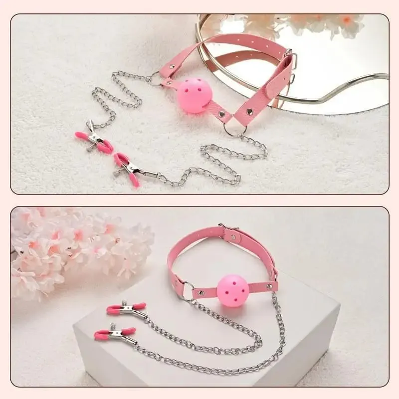 New Erotic Toy PU Leather Mouth Gag Ball Oral Sex With Chain Clip Breast Nipple Clamps Bondage Harness Sex Toys Adult Games