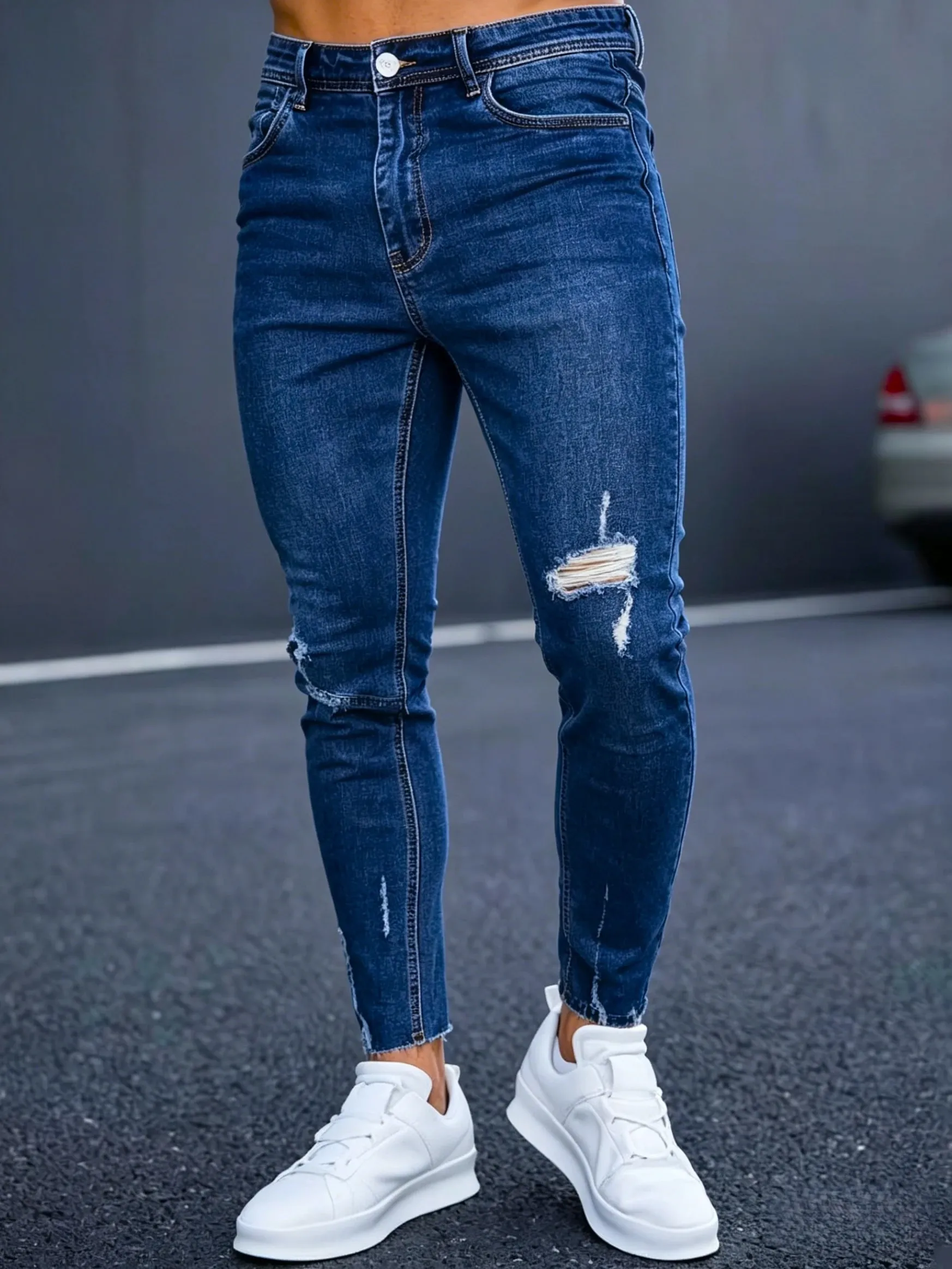Slim Fit Jeans Men Blue Washed Whisker Ripped Details Jeans Classic Mid Waist Blue Tone All Season Pants Urban Daily Stylish Bot
