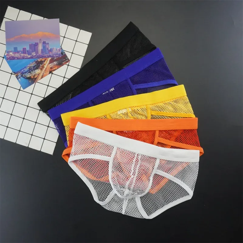 Plus Size Mesh Underwear Men Transparent Large Fishnet U Pouch Briefs Male Low Waist Solid Color Sexy Perspective Male Panties