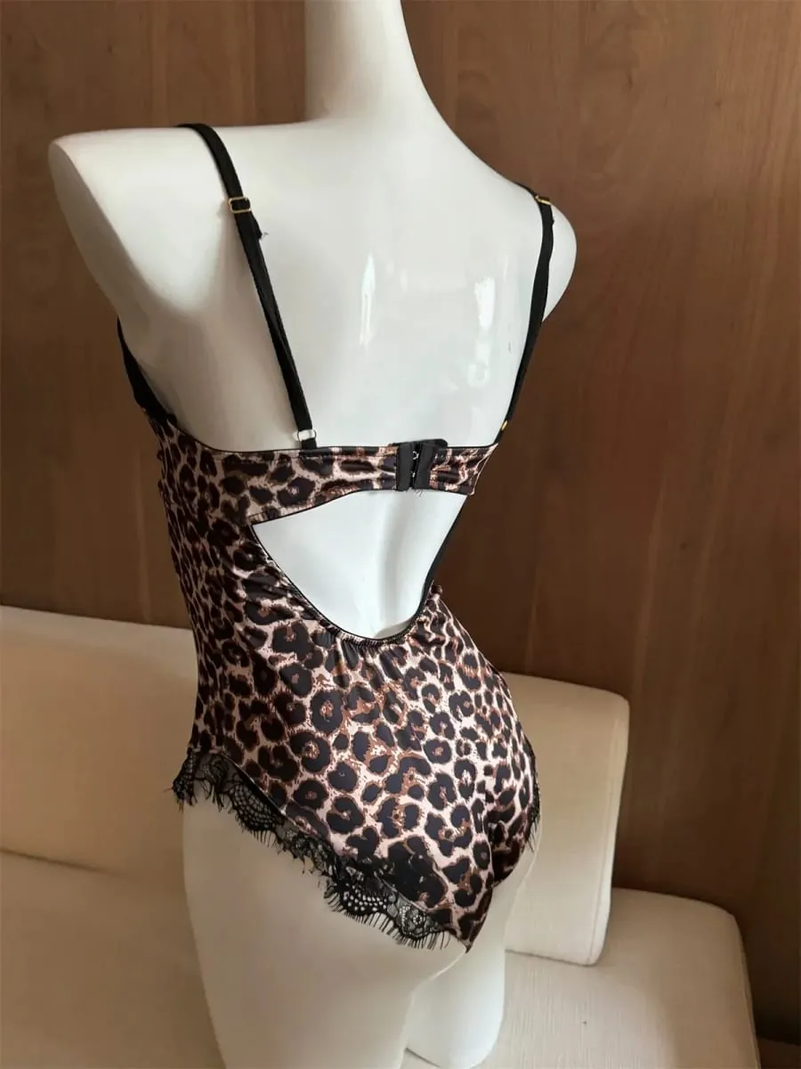 Sexy Leopard Print Halter Bodysuit for Women Thin Stretch Lace Lingerie One-Piece with Hanging Neck
