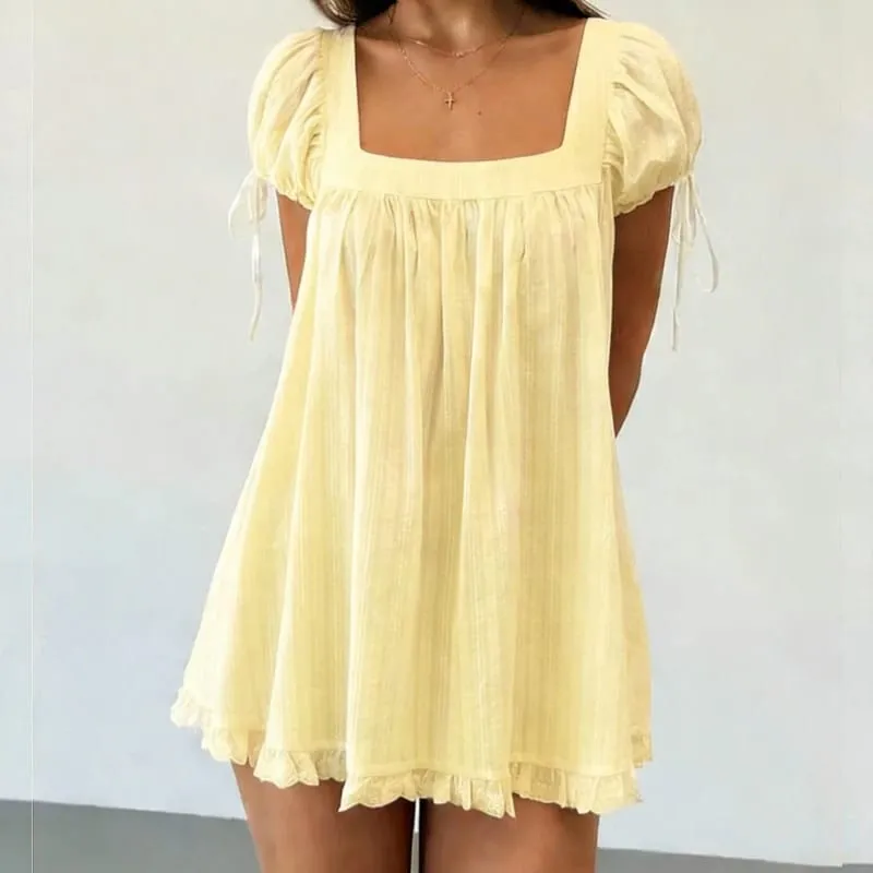 Bohemian Puff Sleeve Maternity Dress Women Square Neck A-line Mini Ruffled Dresses Fairy Vintage Loose Fit Flowy Short Dress — image 5