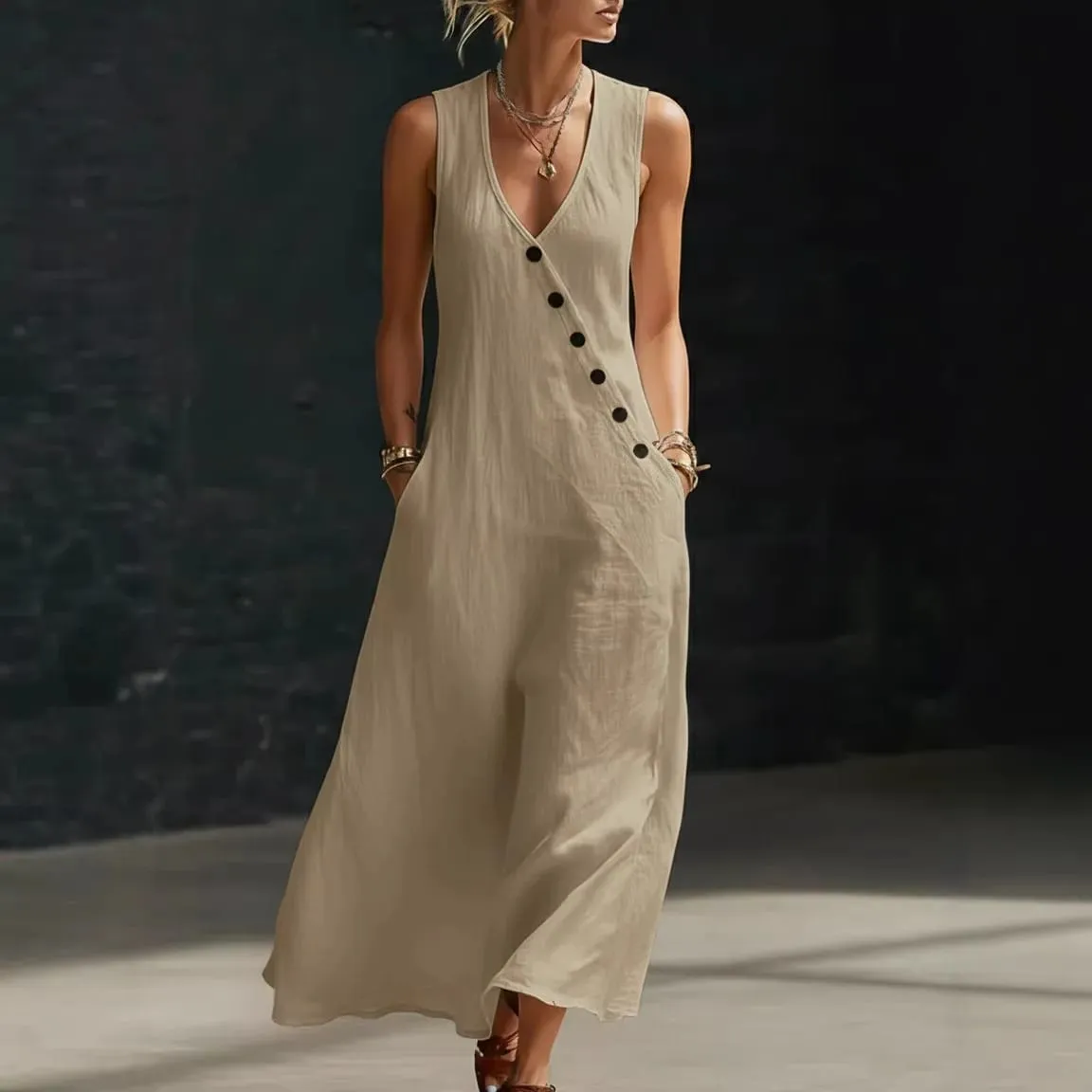 2026 Casual Sleeveless Loose Maxi Dress Women Summer Fashion Solid Color V-neck Holliday Elegant Long Dresses