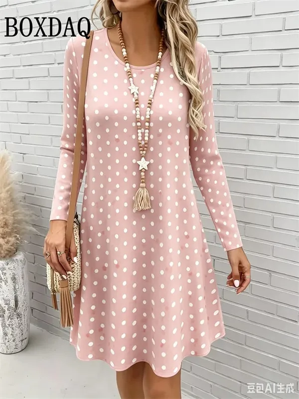 Polka Dot 3D Print Dresses For Women 2026 Autumn Fashion Long Sleeve A-Line Dress Women Casual O-Neck Loose Home Dress Vestidos