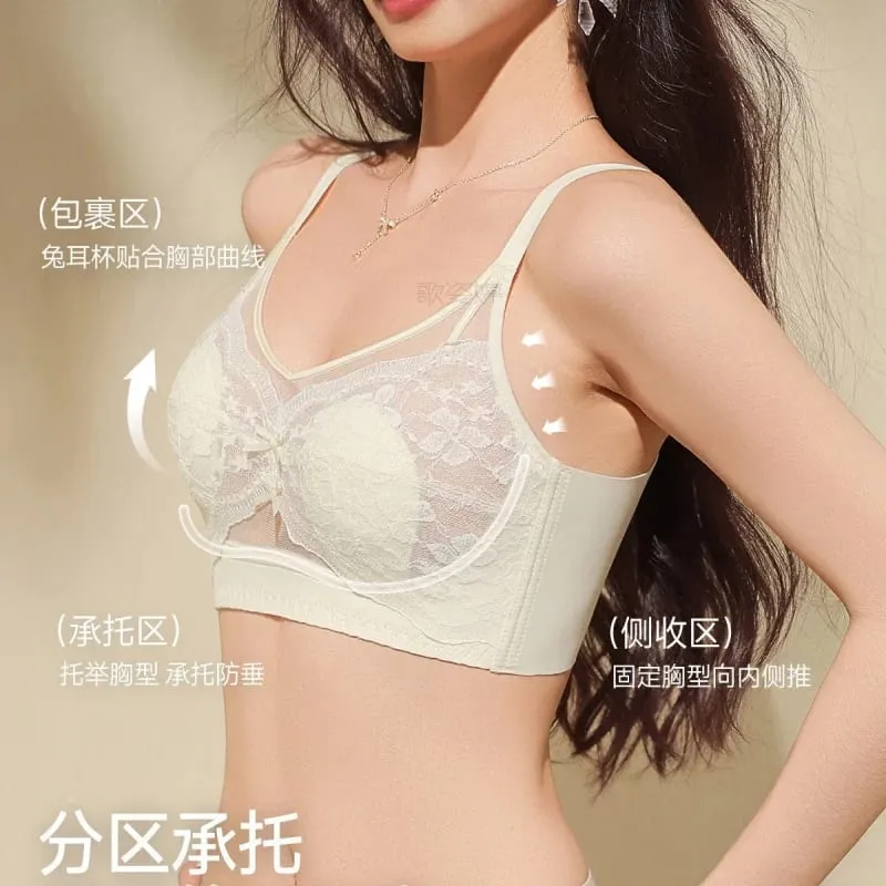 Women's lingerie for large busts minimizes appearance provides support and gathers side breasts summer thin French lace comfo