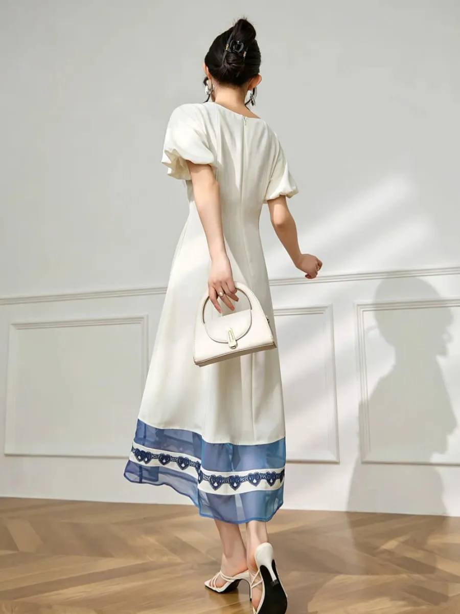 2026 Fashion Vintage Mesh Spliced French Waist Dress Summer New Square Neck Ruffle White Long Dress For Women，Wholesale Support