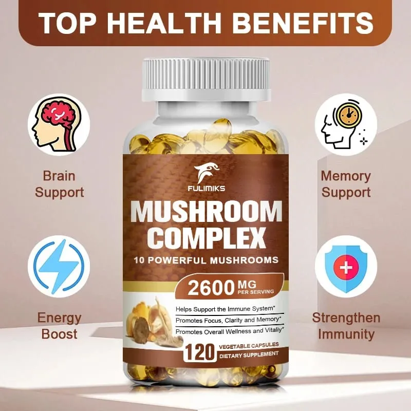 Organic Mushroom Capsules 2600MG with Lion's Mane Reishi & Cordyceps Supports Immunity Brain Focus Memory & Energy