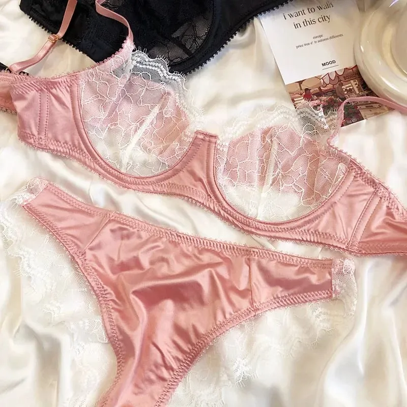 2 Keping Set Bra Renda Ultra Nipis Seksi Wanita Warna Splicing Pakaian Dalam Sutera Perancis Bernafas dan Seluar Dalam Pakaian Dalam Intim
