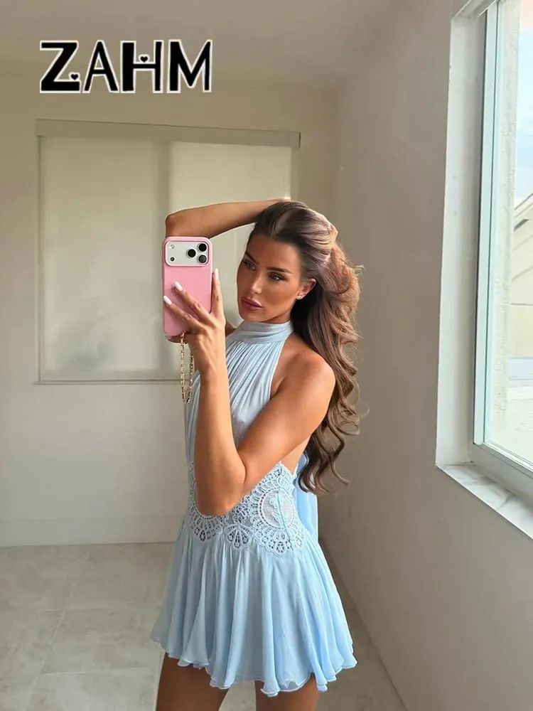 Sexy Scava Fuori Solido Delle Donne Min Vestito Dalla Spiaggia Pieghettato Lace Up Backless Senza Maniche Abiti Femminili 2026 Estate Della Signora Robe Nuovo — image 2