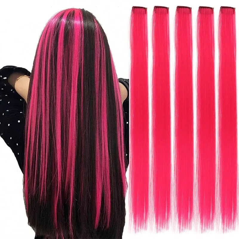 5 Pieces of Colorful Hair Clips 24 Inch Long Straight Fake Hair Clips Combined for Christmas Fashion Wig Pieces