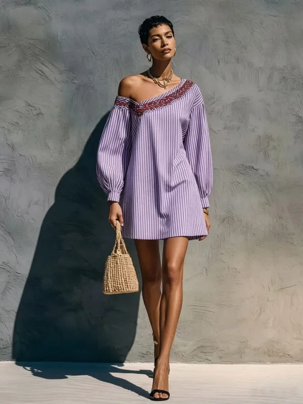 Loose Simple Dress With Stripes Fashionable Autumn Winter Street Style Long Sleeved Embroidered Shoulder Length Short Dresses