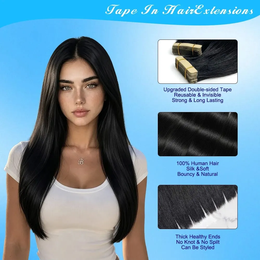 16-24 Inch 16A Tape In Hair Extensions Invisible Seamless Real Human Hair Brazilian Natural Black Remy Straight Hair 100% Human Hair For Women
