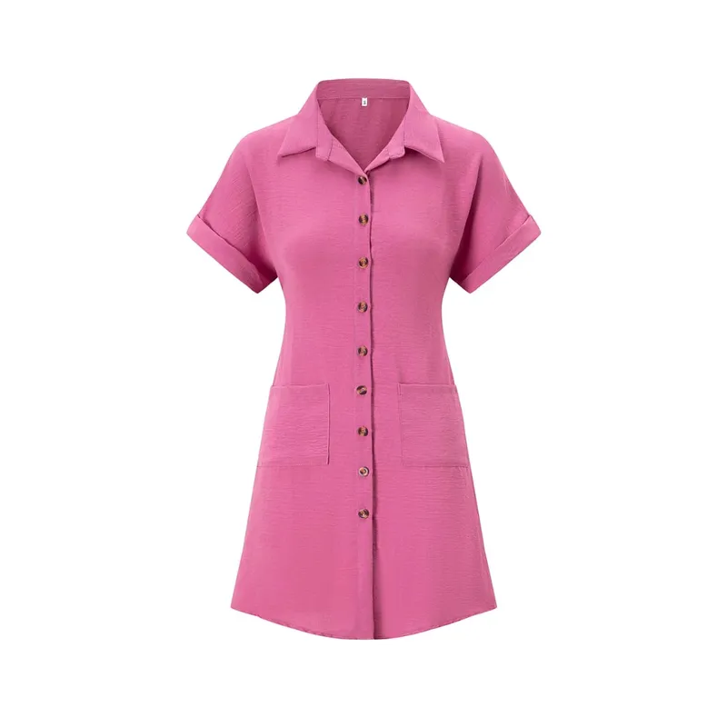 2026 European and American Cross Border Leisure Solid Color Cotton Hemp Buckle Long Short Sleeve Loose Shirt Dress Women's Wear