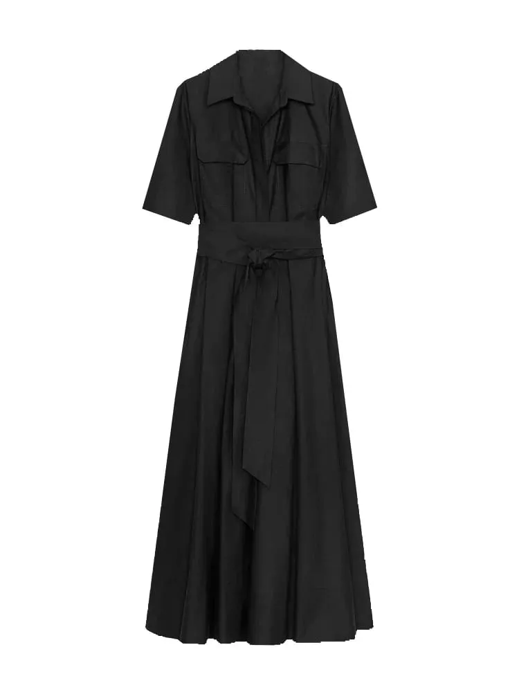 Gaun Midi Kerah Lengan Pendek Elegan untuk Wanita Gaun Panjang Pinggang Kancing Sebaris Solid Chic Wanita Gaun Pesta Malam Liburan Vestidos