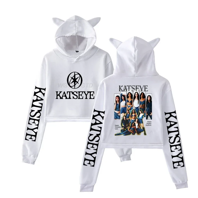 Harajuku Fashion Streetwear Girls Hoodie KATSEYE New Street Style Cat Ear Crop Tops Pullover Girl Vintage Gothic Y2k Sweatshirts
