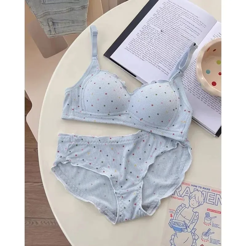 Trendy Sexy Lingerie Set Wireless Push Up Gathering Anti-Sagging Side Support Soft For Young Girls High School Daily 32-38 Bra