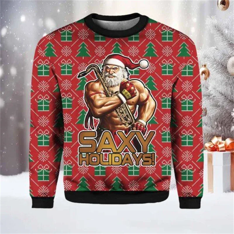 Fashion Santa Claus Graphic Ugly Christmas Sweatshirt For Men Casual Autumn Winter 3D Printed Sweater Loose Breathable Pullovers