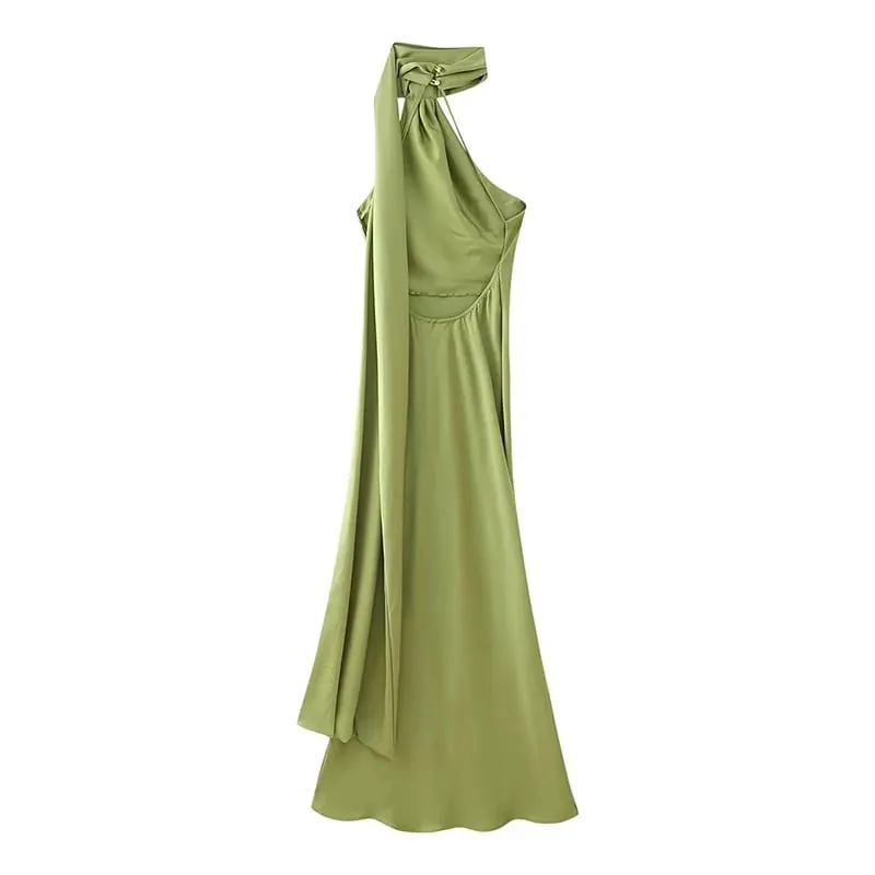 High Street Women Sexy Elegant Halter Long Dress Pambabae Fashion Backless Green Satin Party Maxi Vestidos
