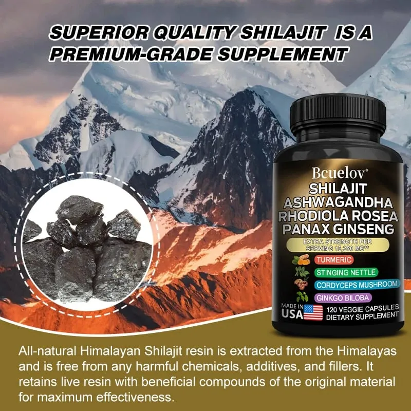 Capsule 8 in 1 di Shilajit Pure Himalaya con Ashwagandha Rhodiola e Panax Ginseng per supportare la salute delle articolazioni cerebrali e del sistema immunitario