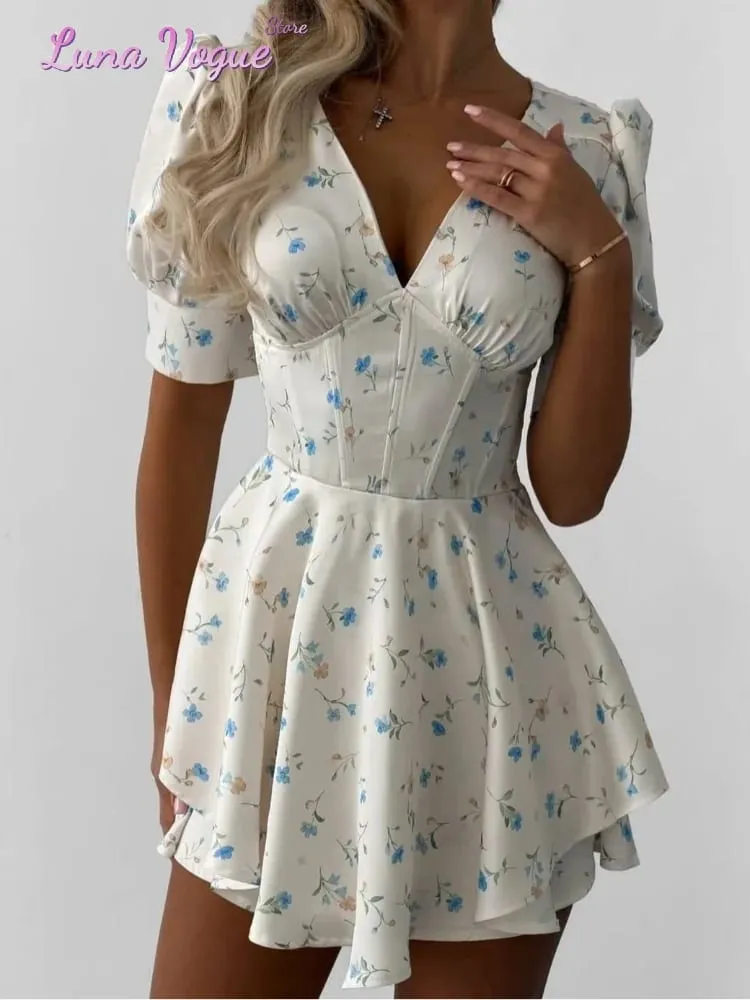 Vintage Floral Halter Deep V Neck Women's Dress Sexy Side Waist Cutout Flowy Long Sundress Summer New Chic Vacation Party Outfit