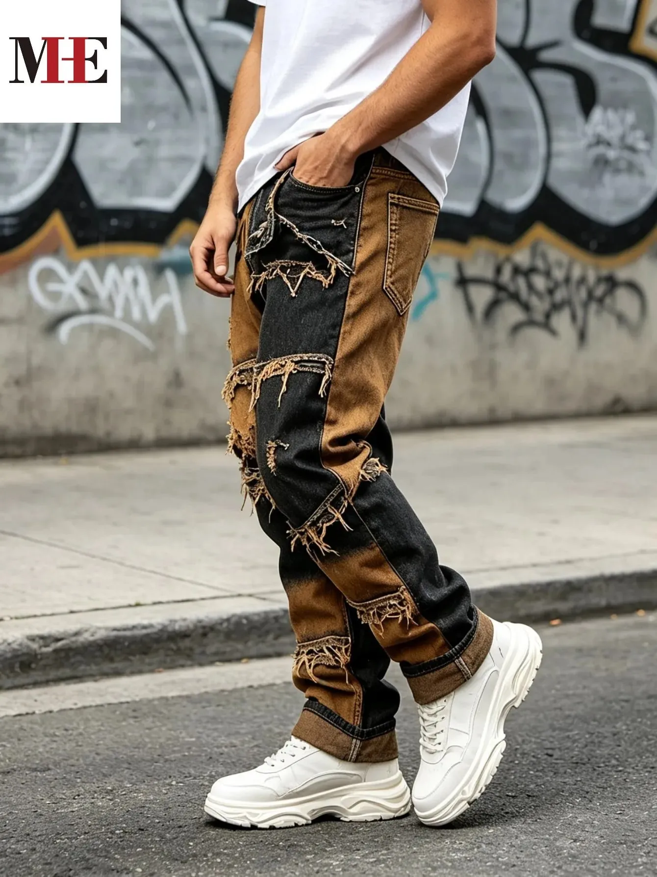 【HME】Men's Jeans | Straight‑Fit Deconstructed Denim Pants vintage Mud‑Wash Two‑Color Spliced Denim Trousers Exposed Frayed Tassel Seams Classic Five‑Pocket Construction Durable Fabric Fashion Men Casual Pants